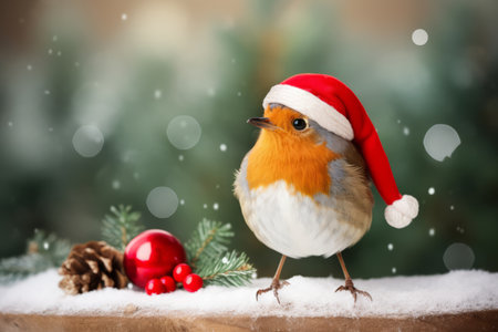 Cute little festive robin wearing a Father Christmas santa hatの素材