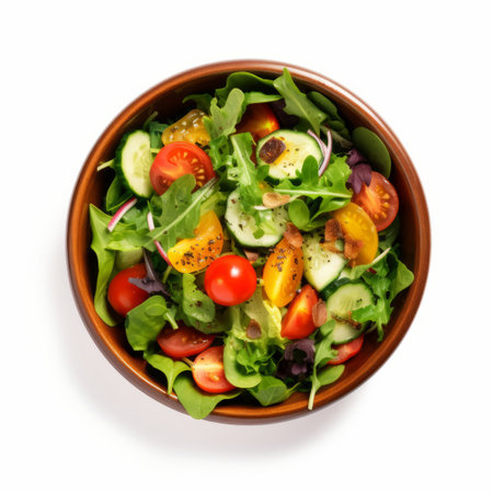 Healthy salad bowl of fresh vegetables, avocado tomato cucumber. overhead view on a plain backgroundの素材