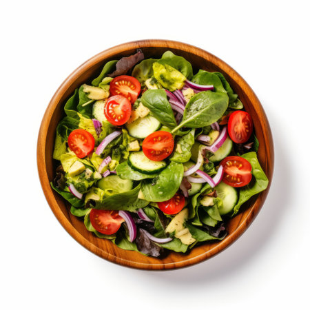 Healthy salad bowl of fresh vegetables, avocado tomato cucumber. overhead view on a plain backgroundの素材