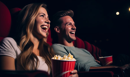 A happy couple on a date in a cinema watching a movieの素材