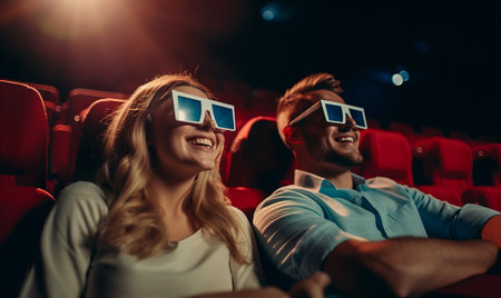 A happy couple on a date in a cinema watching a movieの素材