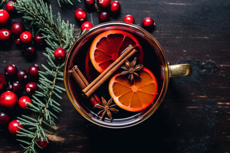 Overhead view of a mug of warm festive mulled wine with spicesの素材