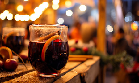 A festive glass of mulled wine on a bar at an evening christmas marketの素材