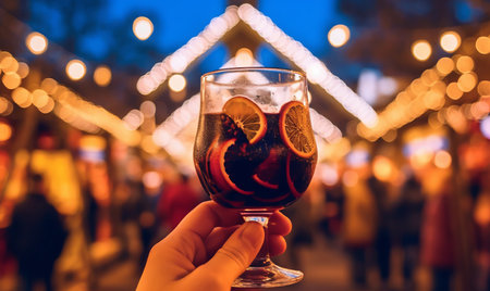 A person holding a warm glass of mulled wine at a festive Christmas marketの素材