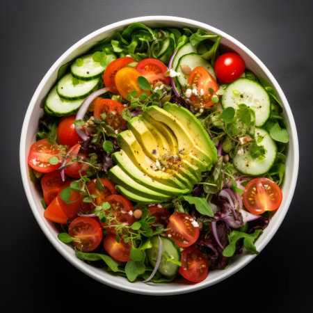 Healthy salad bowl of fresh vegetables, avocado tomato cucumber. flat lay on a grey backgroundの素材