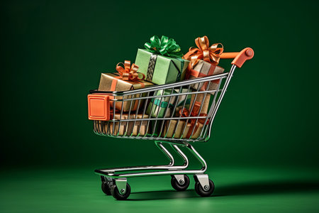 A shopping cart full of christmas presents and gift boxes. Festive promotion and sale conceptの素材