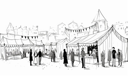Christmas market black and white simple line art sketchの素材