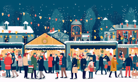 Illustration of people enjoying a festive Christmas marketの素材