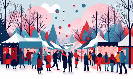 Illustration of people enjoying a festive Christmas marketの素材