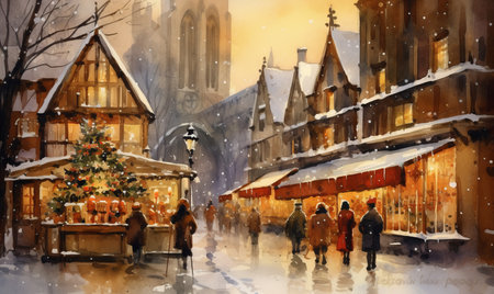 Christmas market vintage watercolor sceneの素材