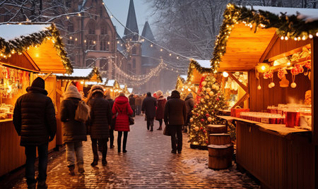 People enjoying a traditional Christmas market with wooden stalls and glowing lightsの素材