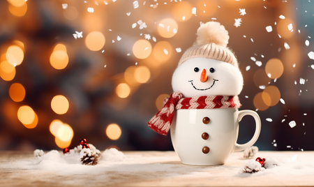 A warm cozy mug of hot chocolate with a snowman marshmallow. Winter drinkの素材