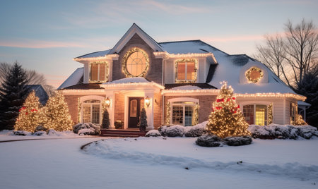 A house covered with christmas lights and festive decorations for the holiday seasonの素材