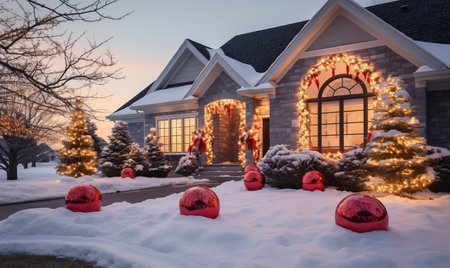 A house covered with christmas lights and festive decorations for the holiday seasonの素材