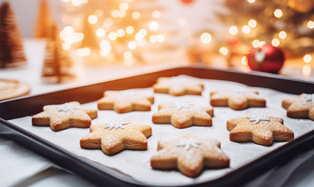 Overhead view of christmas star shaped cookies being prepared in a festive kitchenの素材