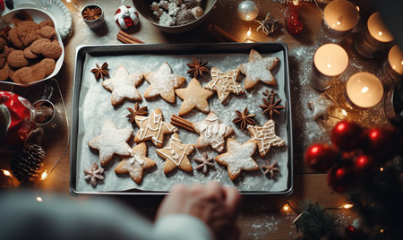 Overhead view of christmas star shaped cookies being prepared in a festive kitchenの素材