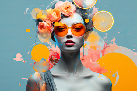 Abstract modern art collage portrait of a trendy young woman with colourful circle designの素材