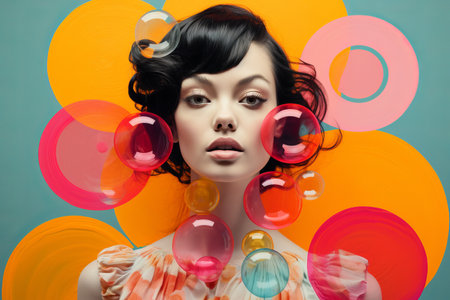 Abstract modern art collage portrait of a trendy young woman with colourful circle designの素材
