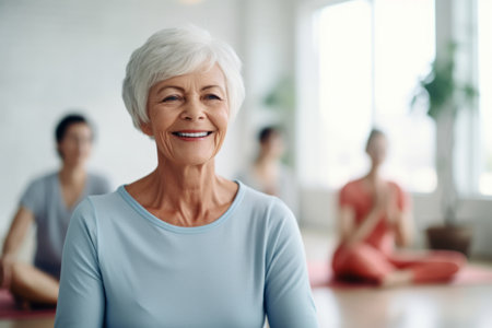 Portrait of a happy senior woman taking park in a yoga or fitness classの素材