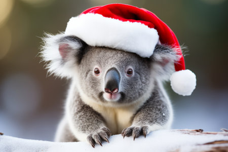 A koala wearing a father christmas festive hat. Cute holiday season animalの素材