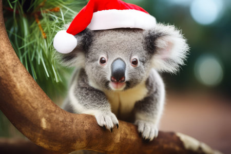A koala wearing a father christmas festive hat. Cute holiday season animalの素材