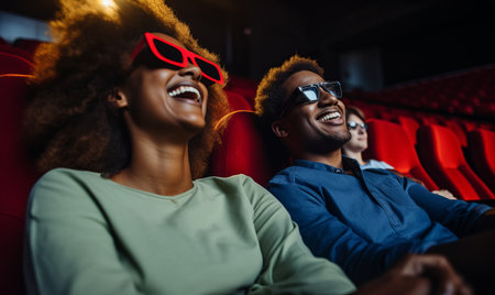 A happy couple on a date in a cinema watching a movieの素材