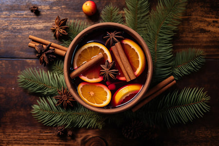 Overhead view of a mug of warm festive mulled wine with spicesの素材