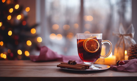 A glass of festive spiced mulled wine against a winter background sceneの素材