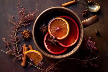 Overhead view of a mug of warm festive mulled wine with spicesの素材
