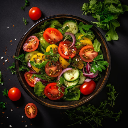 Healthy salad bowl of fresh vegetables, avocado tomato cucumber. flat lay on a grey backgroundの素材