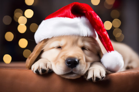 Cute little festive puppy dog wearing a Father Christmas santa hatの素材
