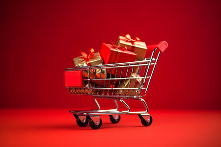 A shopping cart full of christmas presents and gift boxes. Festive promotion and sale conceptの素材