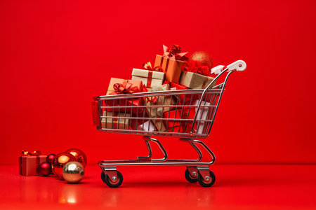 A shopping cart full of christmas presents and gift boxes. Festive promotion and sale conceptの素材