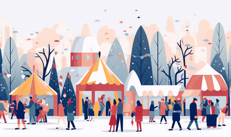 Illustration of people enjoying a festive Christmas marketの素材