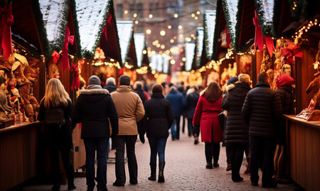 People enjoying a traditional Christmas market with wooden stalls and glowing lightsの素材
