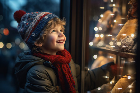 A young excited child looking into the window of a shop decorated for Christmas and the holidaysの素材