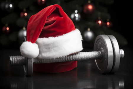 Father Christmas hat on a gym dumbbell weight. New year resolution and healthy lifestyleの素材