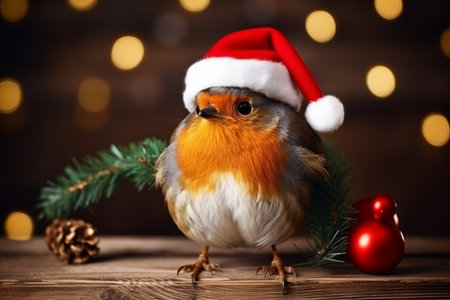 Cute little festive robin wearing a Father Christmas santa hatの素材
