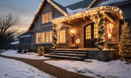 A house covered with christmas lights and festive decorations for the holiday seasonの素材
