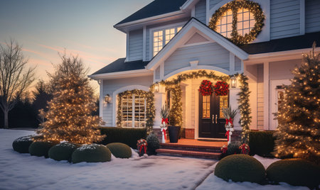 A house covered with christmas lights and festive decorations for the holiday seasonの素材
