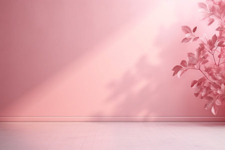 Natural light from a window falling on a pink blank wall. Product display backgroundの素材