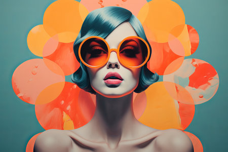Abstract modern art collage portrait of a trendy young woman with colourful circle designの素材