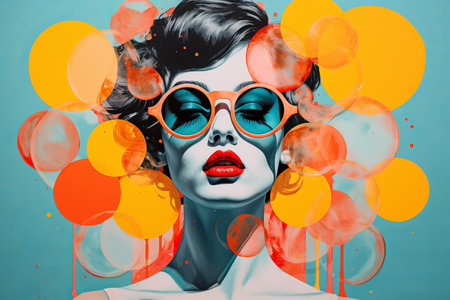 Abstract modern art collage portrait of a trendy young woman with colourful circle designの素材