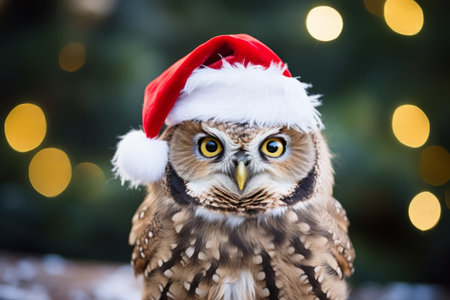 Cute little festive owl wearing a Father Christmas santa hatの素材