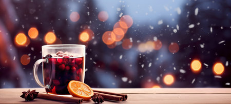 A glass of festive spiced mulled wine against a winter background sceneの素材