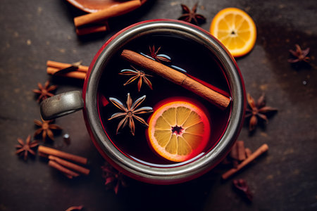 Overhead view of a mug of warm festive mulled wine with spicesの素材