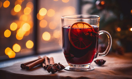 A glass of festive spiced mulled wine against a winter background sceneの素材