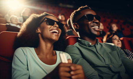 A happy couple on a date in a cinema watching a movieの素材