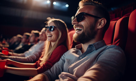 A happy couple on a date in a cinema watching a movieの素材