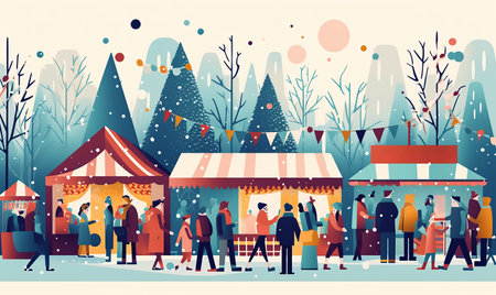 Illustration of people enjoying a festive Christmas marketの素材